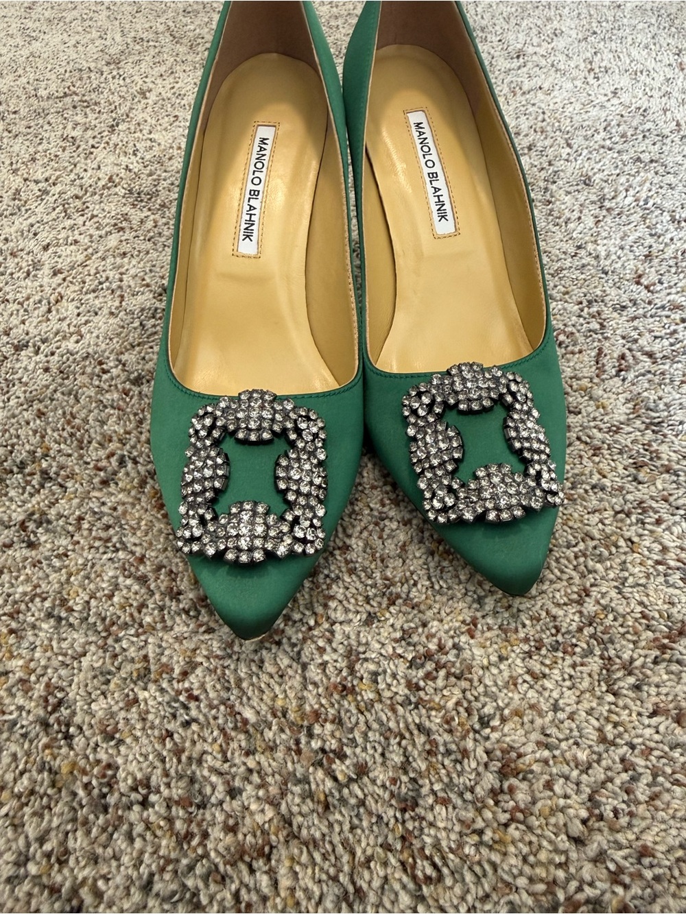 Manolo Blahnik Hangisi Emerald Green Satin Pointed Flats with Crystal Buckles